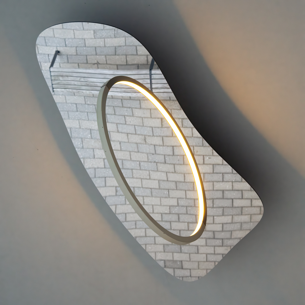 Ceiling mirror with an arc light fixture reflecting ground and a bench